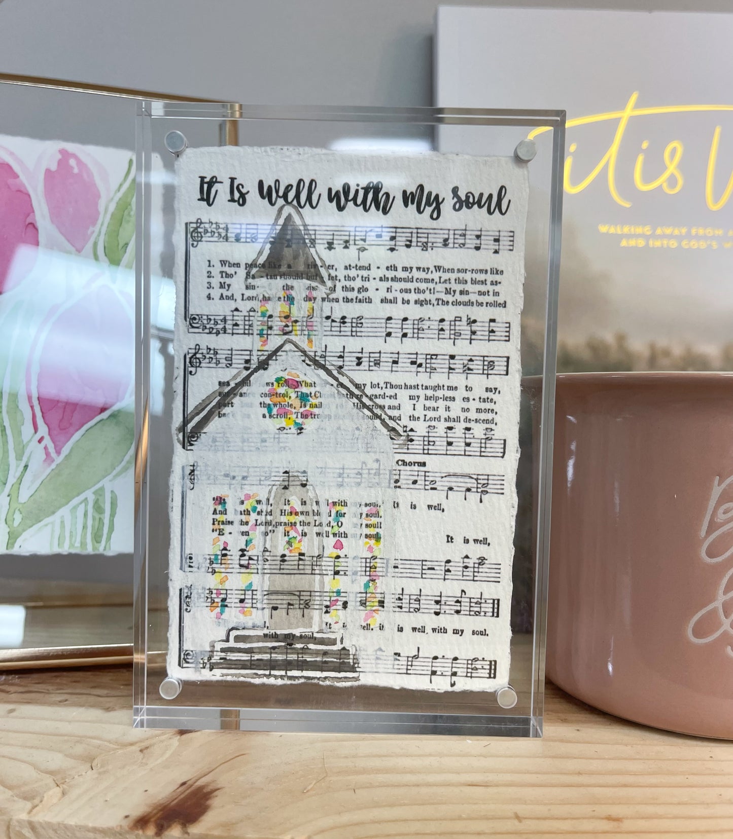Custom Watercolor Church Painting on Canvas Hymn Paper
