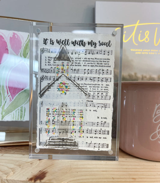 Custom Watercolor Church Painting on Canvas Hymn Paper